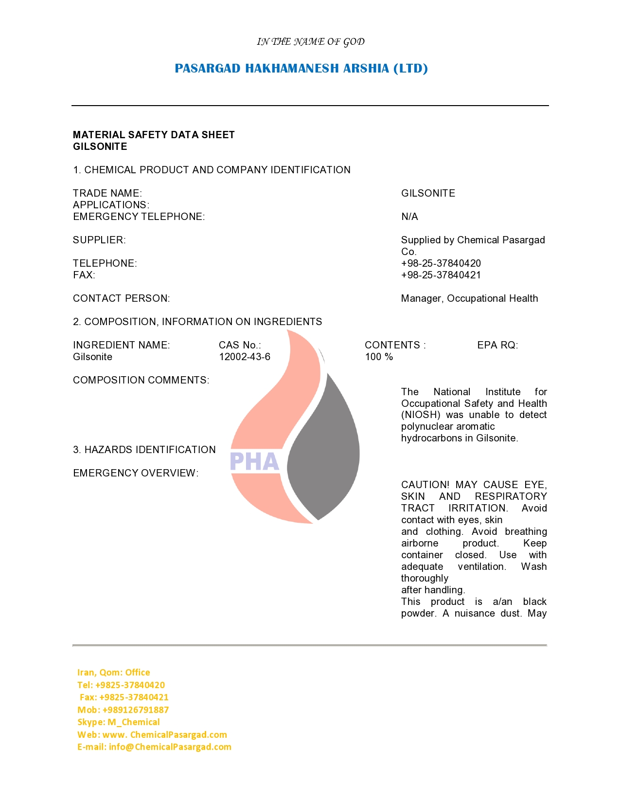 MATERIAL SAFETY DATA SHEET GILSONITE, ASPHALT BITUMEN