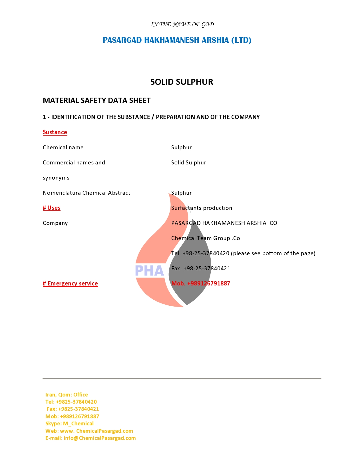 MATERIAL SAFETY DATA SHEET SULPHUR, SULFUR