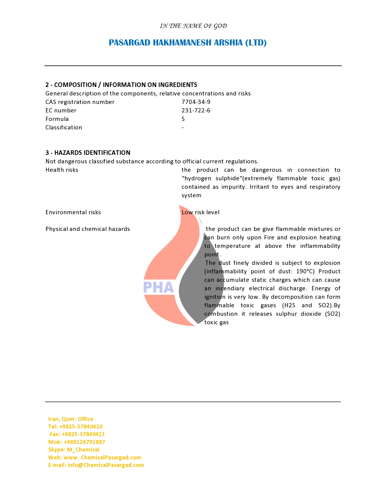 MATERIAL SAFETY DATA SHEET SULFUR, SULPHUR