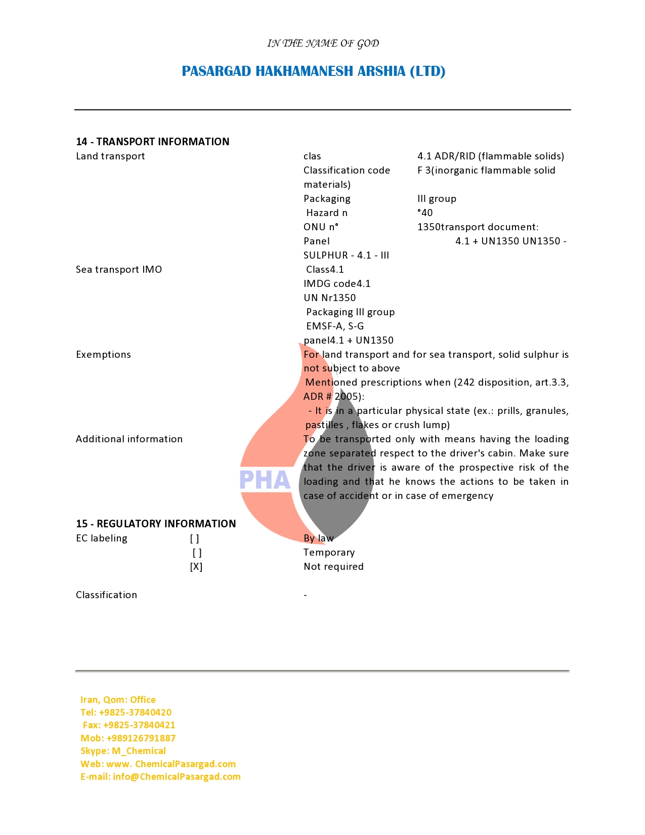 MATERIAL SAFETY DATA SHEET SULPHUR HIGH PURITY 